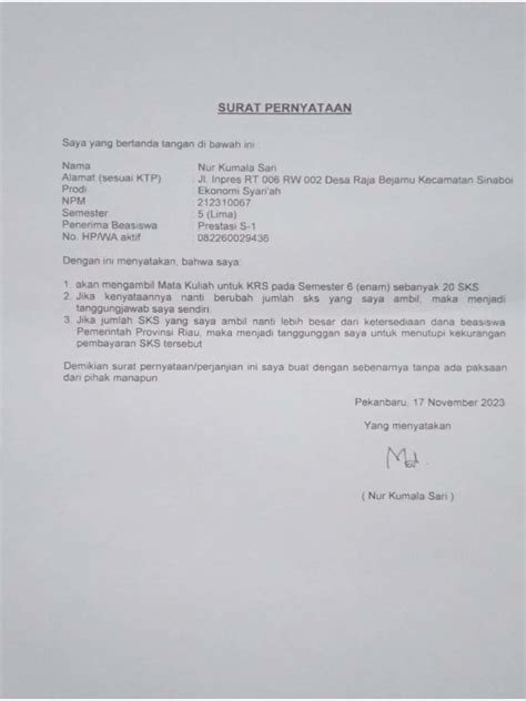 Surat Pernyataan Sks Semester 6 Nur Kumala Sari Pdf