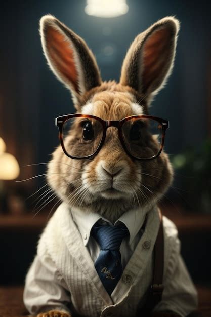 Premium Photo Cute Rabbit With Glasses And Bow Tie In A Dark Room