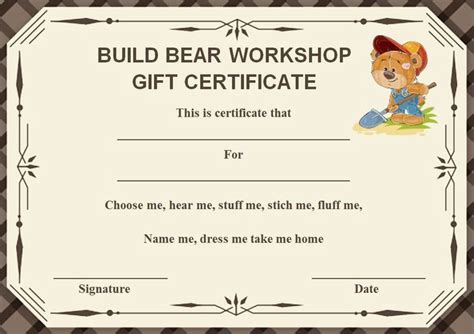 A Certificate With A Teddy Bear On It And The Words Build Bear