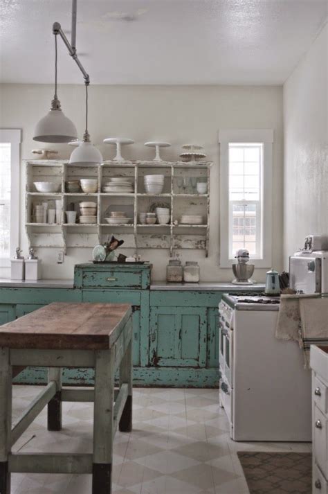 Beautiful Distressed Kitchen Cabinets And Shelves With A Lovely Kitchen