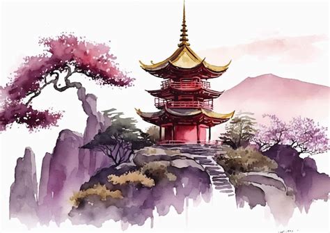 Premium Vector Japanese Temple In Watercolor Spring