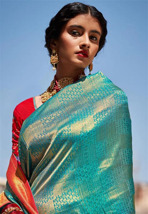 Silk Saree With Blouse In Sea Green Colour 1461