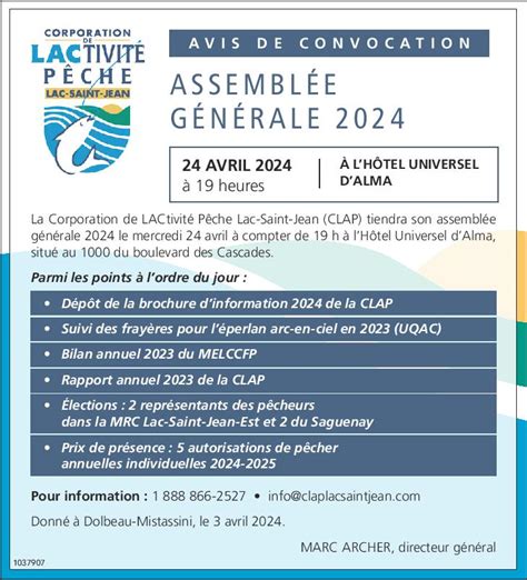 Assemblée générale annuelle 2024 Corporation de Lactivité pêche Lac