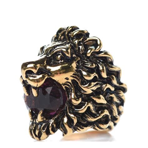 Gucci Metal Swarovski Lion Head Ring 8 Aged Gold Purple 314185