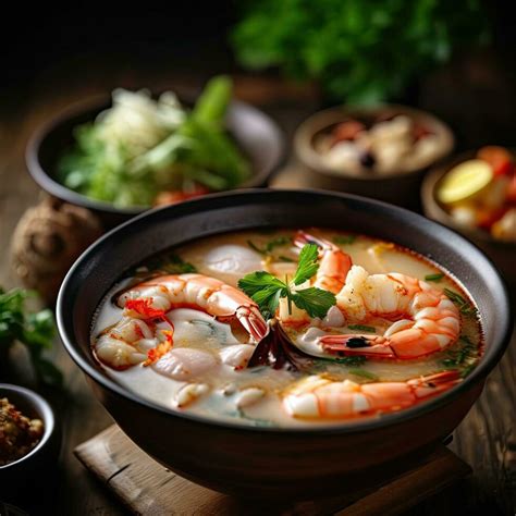 Tom Yum Goong Thailand Food Rustic Style Background Copy Space