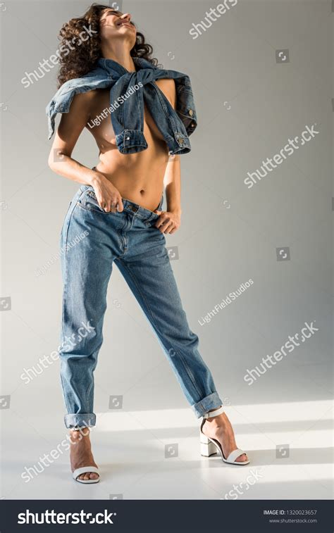 Cheerful Naked Woman Curly Hair Covering Stock Photo Shutterstock