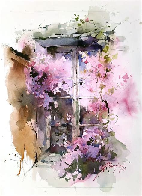 Watercolor Lovers Window To The Courtyard By Giuliano Boscaini