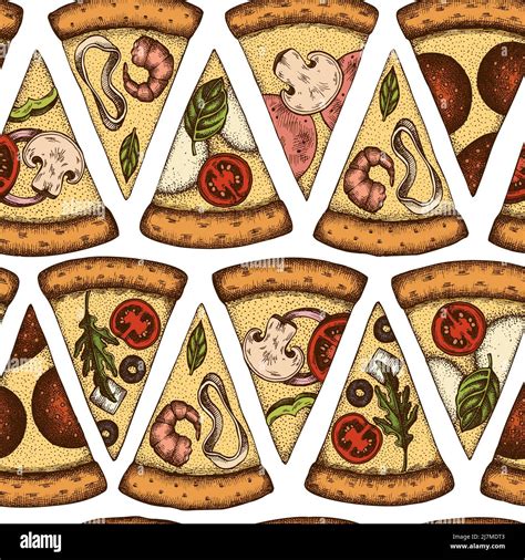 Pizza Seamless Pattern Background Design Engraved Style Hand Drawn