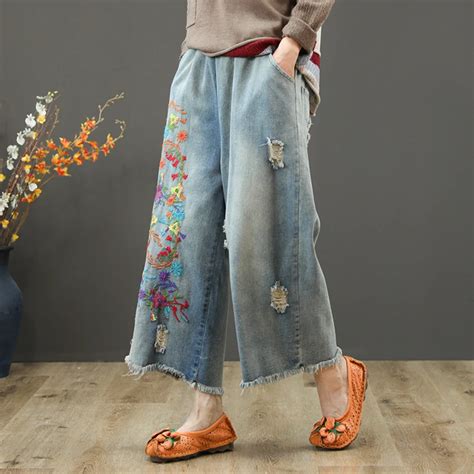 Vintage Flower Embroidered Jeans For Women Elastic Waist Ripped Hole