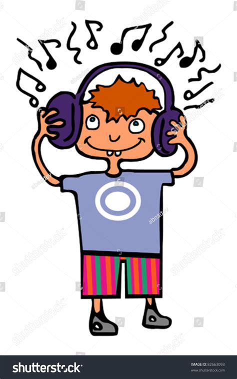 Cute Cartoon Boy Listening Music On Stock Vector 82663093 Shutterstock