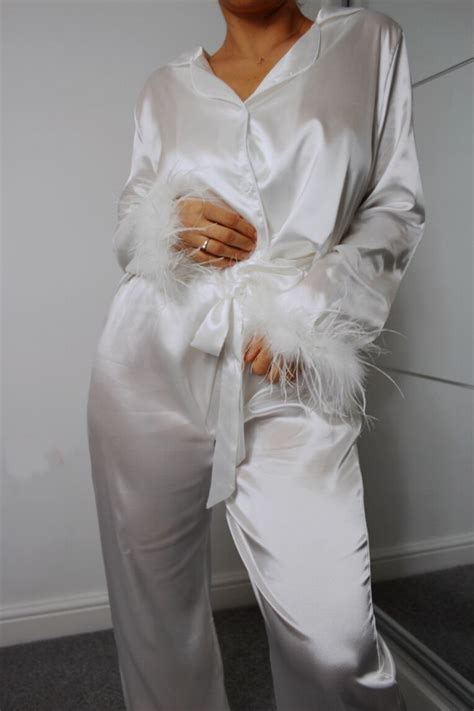 White Bridal Satin Feather Pyjama Feathered Satin Pyjama Set Bride To