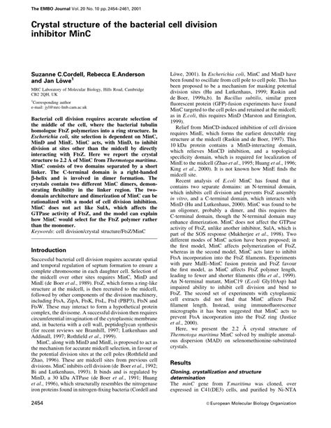 Pdf Crystal Structure Of The Bacterial Cell Division Inhibitor Minc