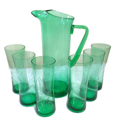 Vintage Green Etched Glass Pitcher Set European Collection Etsy