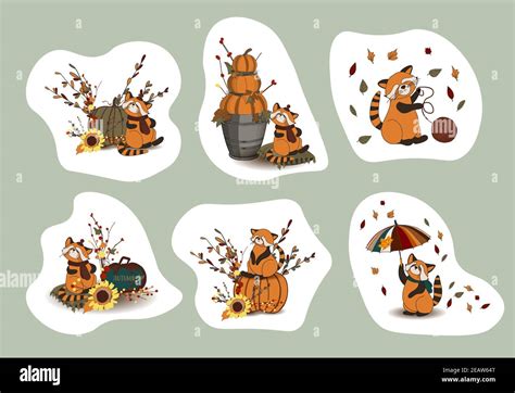 Autumn stickers. HELLO, AUTUMN. RED PANDA CHARACTER. CUTE FUNNY ANIMALS ...