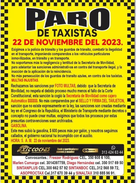 Paro Nacional De Taxistas El Mi Rcoles De Noviembre Columna Vip