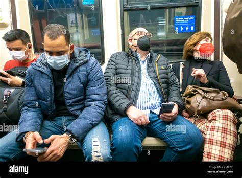 People Commuters Passengers In Ppe Face Masks Inside Madrid Metro