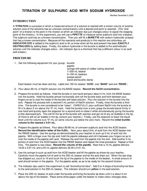 H2SO4 Na OH Titration Lab Report TITRATION OF SULPHURIC ACID WITH