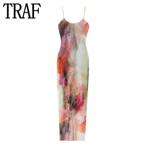 TRAF Tie Dye Tulle Long Dress Women Summer Slip Bodycon Dress 2023