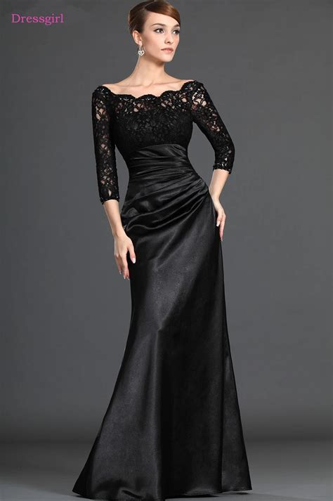 Black 2019 Mother Of The Bride Dresses Mermaid 34 Sleeves Satin Lace Plus Size Long Elegant