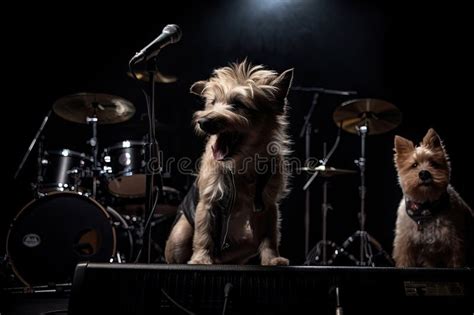 Perro Con Banda De Rock Tocando Guitarra Y Cantando A La Luz Stock De Ilustración Ilustración