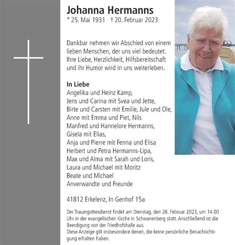 Traueranzeigen Von Johanna Hermanns Aachen Gedenkt