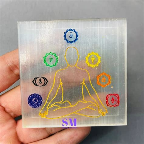 Inch Approx Selenite Charging Square Plates With Seven Chakra Symbol