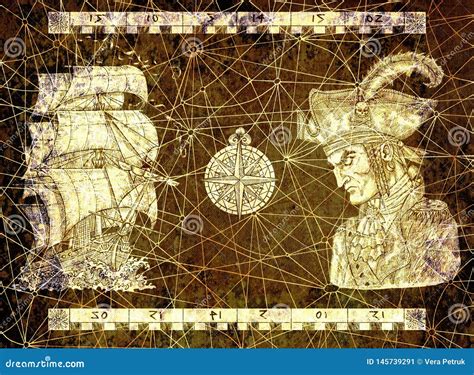 Nautical Poster Collage With Pirate Captain Sailing Ship And Compass On Texture Background