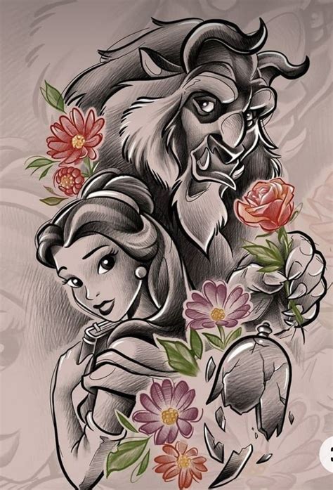 The Beauty And The Beast Tattoo Design Is Done In Black Ink With