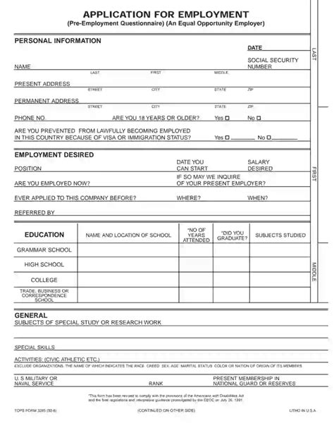 Printable Generic Application For Employment