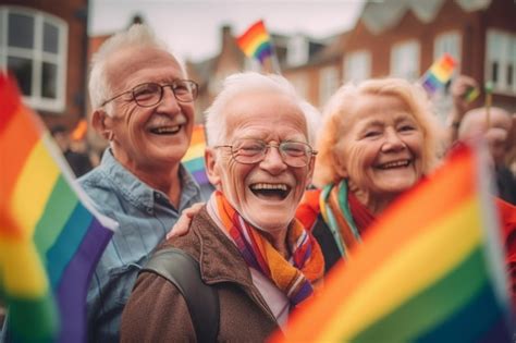 Três pessoas sorrindo e segurando bandeiras de arco íris em um desfile