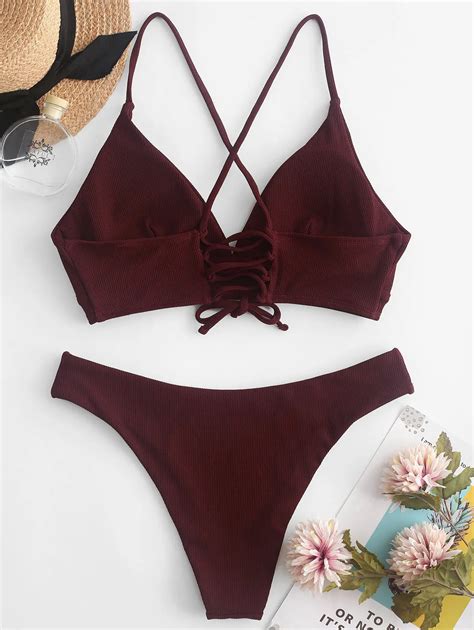 Zaful Bikini Velvet Ribbed Cami Bikini Set Lace Up Spaghetti Straps