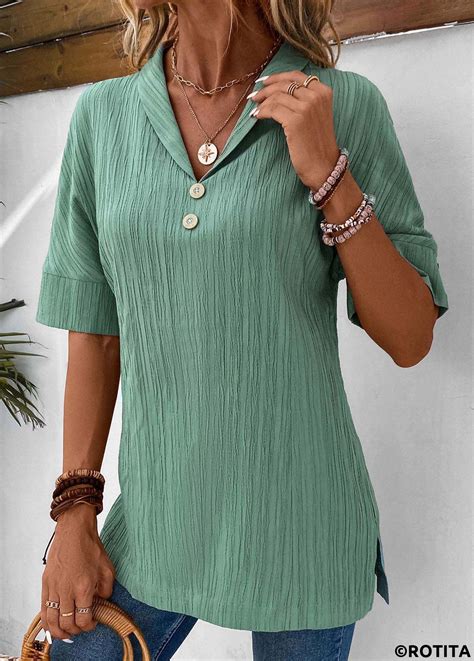 Rotita Button Sage Green Turn Down Collar Short Sleeve Blouse Rotita