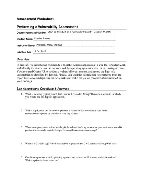 PDF Assessment Worksheet Performing A Vulnerability Assessment