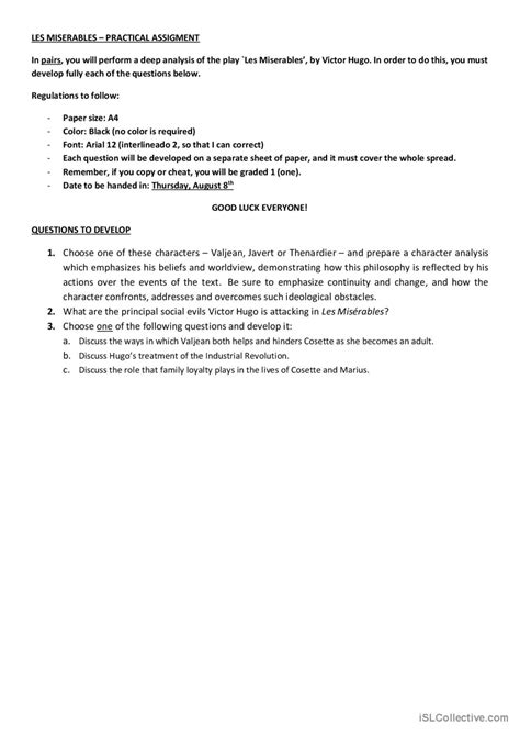 Les Miserables Practical Assignment English Esl Worksheets Pdf And Doc