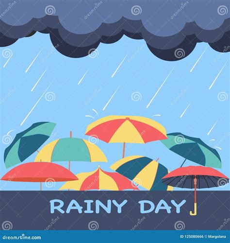 Rainy Season Background With Clouds Raindrops And Umbrellas Stock