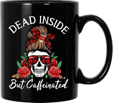 Trending Dead Inside But Caffeinated Messy Bun Mom Skull Halloween T