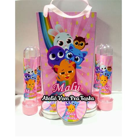 Kit Festa Infantil 60 Itens Personalizado Bolofofo Rosa 10 Sacolinhas