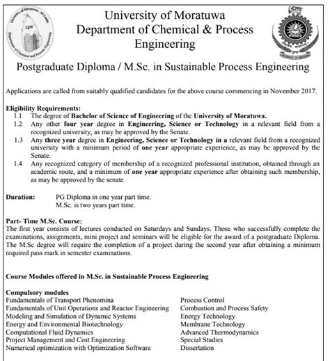 Postgraduate Diploma M Sc In Sustainable Process Engineering