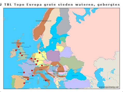 Topografie V2 TBL Topo Europa Grote Steden Wateren Gebergtes