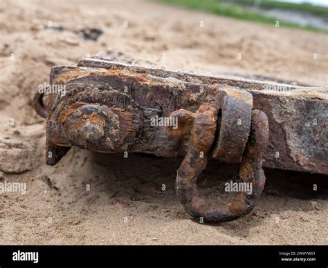 March 2024 Old Rusty Metal Shackles On Th Ebeach At Uphill Weston