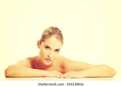 Portrait Nude Woman Sitting Desk Looking Stock Photo