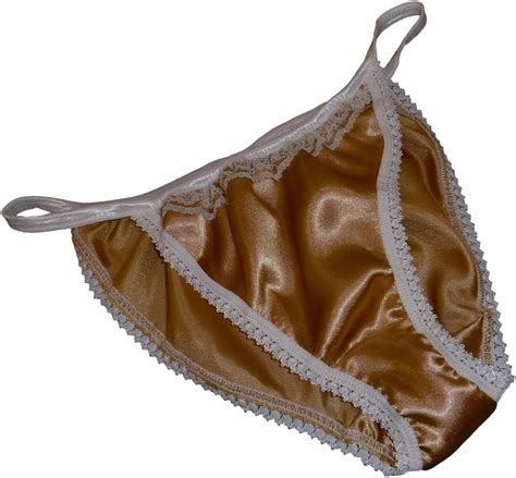 Shiny Satin String Bikini Mini Tanga Panties Gold With Black Lace 6