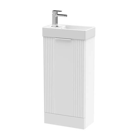 Roxbury Deco Fluted 400mm Satin White Floor Standing Cloakroom Vanity Unit With Chrome Handle