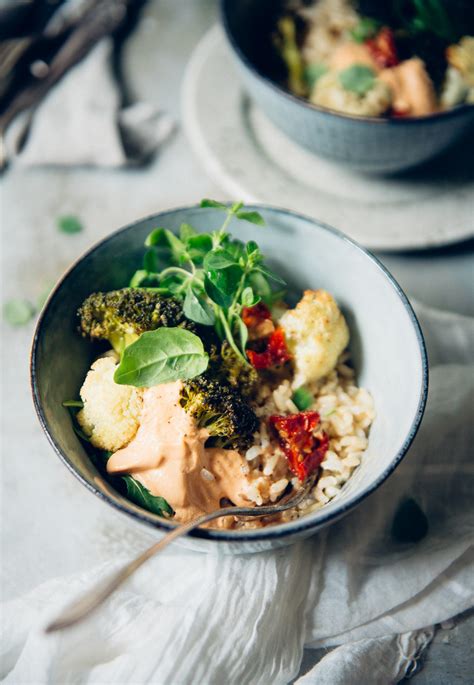 Roasted Broccoli And Cauliflower With Sun Dried Tomatoes And Cheesy Vegan Cashew Sauce V Gf