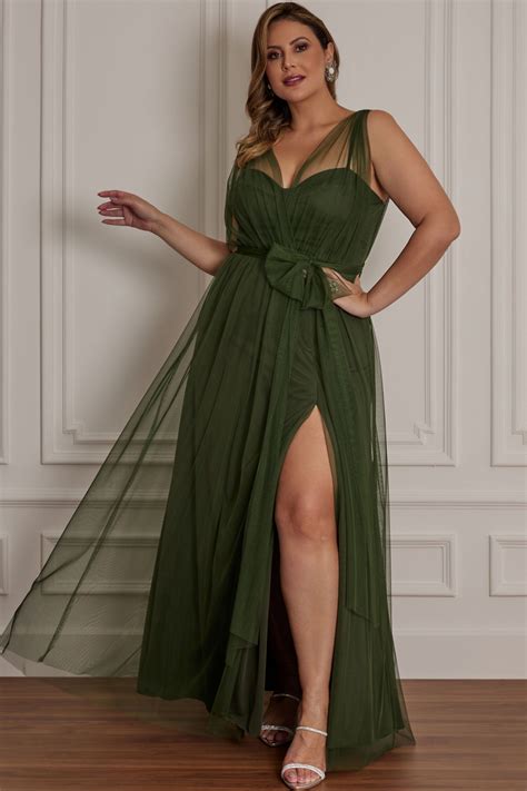 Vestido De Festa Vestido De Festa Plus Size Verde Oliva Longo Megan