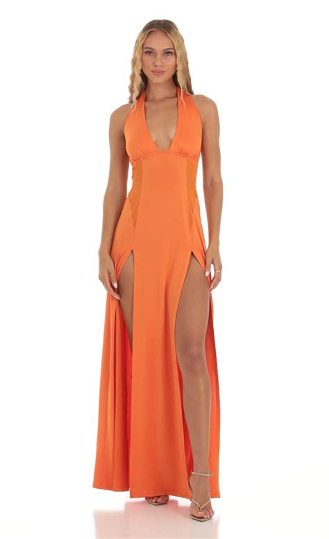 Sunnie Halter Double Slit Maxi Dress In Orange Lucy In The Sky