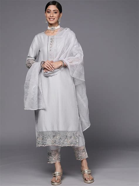 Buy KALINI Floral Embroidered Straight Round Neck Kurta With Trousers