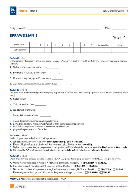 Hist SP 4 8 Historia Kl 4 Sprawdzian 4 W Czasach Zwyciestw AUTORZY