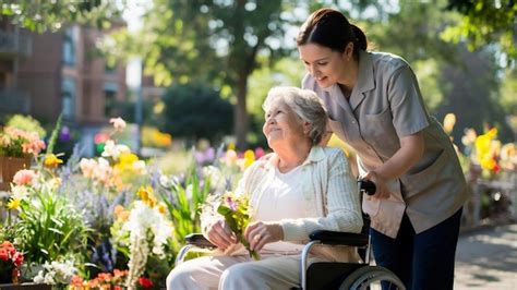 Premium Photo Caregiver Pushing Senior Woman In Wheelchair