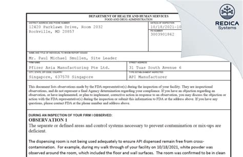 Pfizer Asia Manufacturing Pte Ltd Form 483 2021 10 27 Redica Systems Store